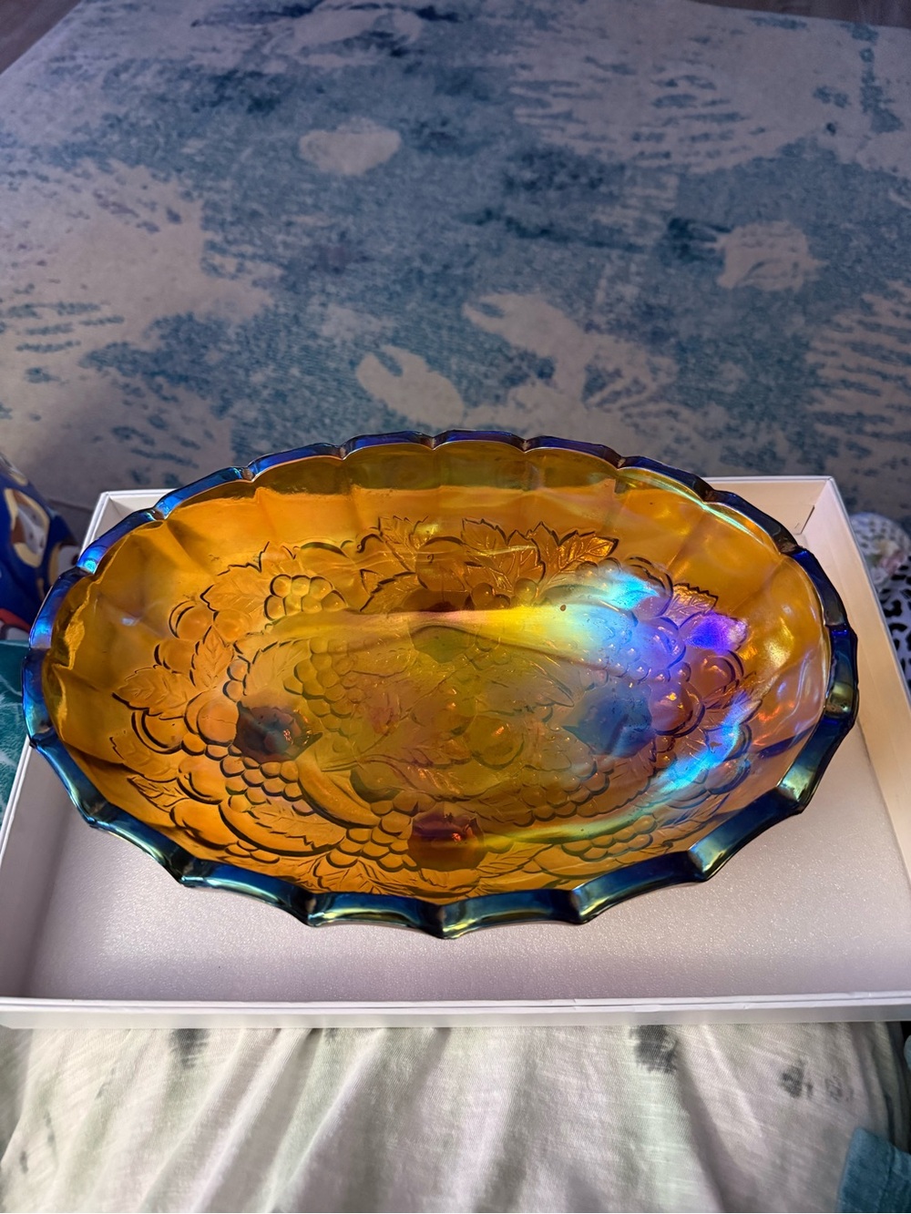 Iridescent Amber Carnival Glass Decorative Bowl